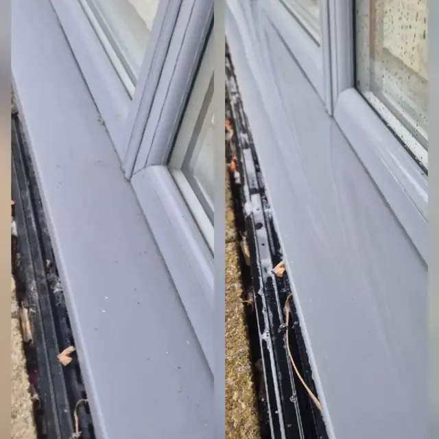 Window sill and track, dirty on the left and clean on the right