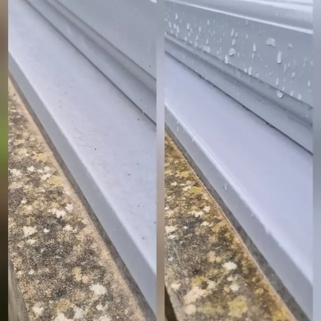 Window sill dusty on the left and clean on the right